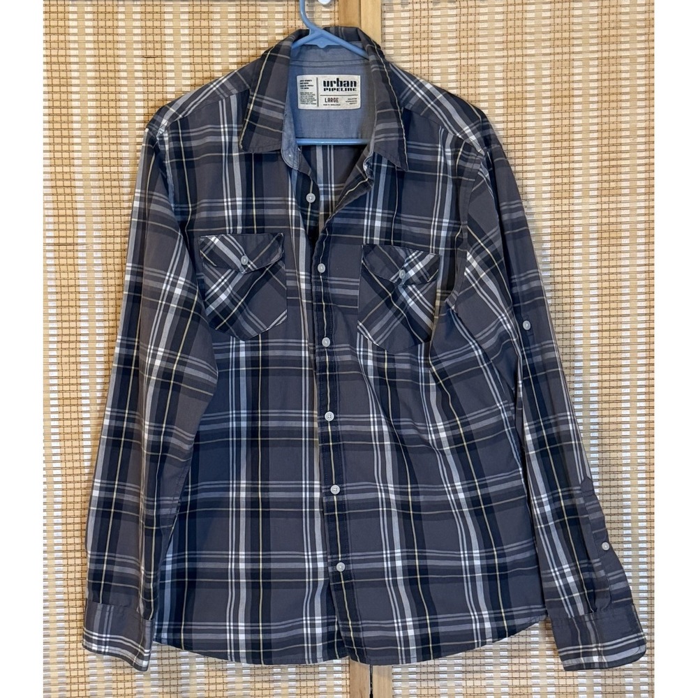 Urban Pipeline Mens L Shirt Button Up Dark Plaid‎ Workwear Preppy Western Pocket